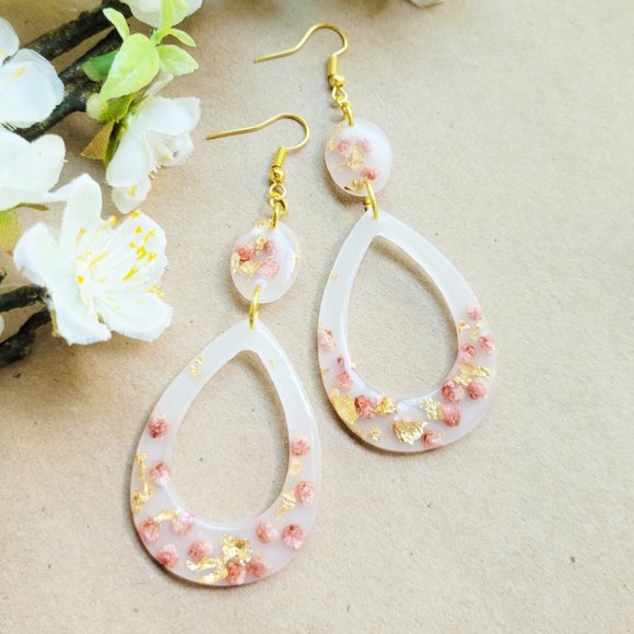 Statement Earrings Gold and Blush Pink Floral Milk Bath Handmade Teardrop Dangle - Picture 12 of 12